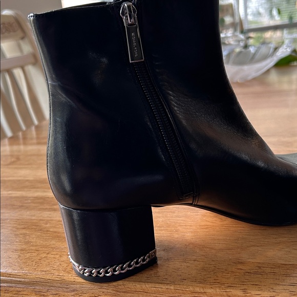 Michael Kors Sabrina Black Leather Ankle Boots with Chain-Trim Heel - Picture 2 of 9